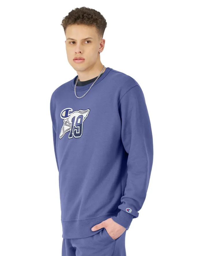 Powerblend Crewneck Sweatshirt Winged Foot Patch Logo Stone Crush Blue Men Champion Hoodies and Sweatshirts