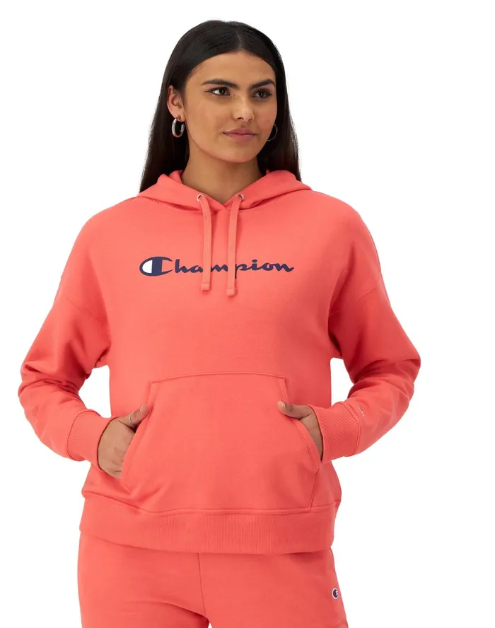 Powerblend Hoodie Script Logo High Tide Coral Women Champion Hoodies and Sweatshirts