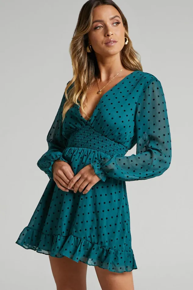 Pretty As You Long Sleeve Mini Dress In Emerald Spot Women Showpo Dresses