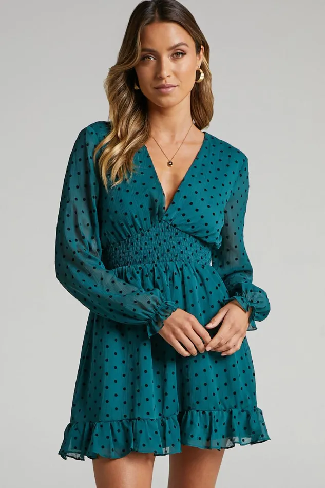 Pretty As You Long Sleeve Mini Dress In Emerald Spot Women Showpo Dresses