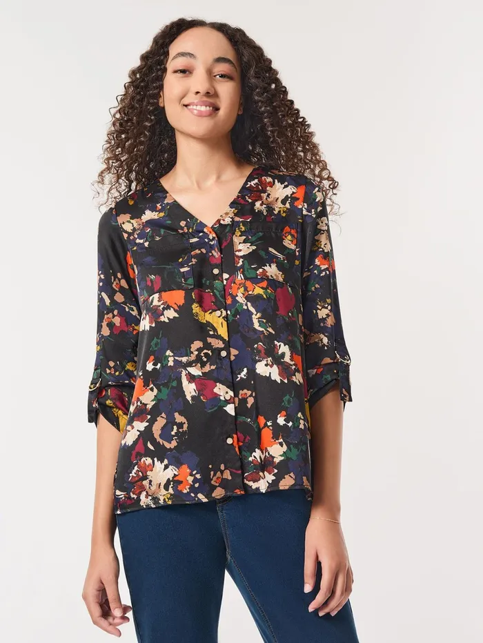 Printed ButtonFront Collarless Tunic Satin Twill Women Jones New York Tops and Blouses
