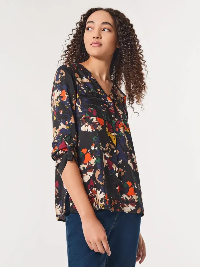 Printed ButtonFront Collarless Tunic Satin Twill Women Jones New York Tops and Blouses Printed ButtonFront Collarless Tunic Satin Twill Women Jones New York Tops and Blouses