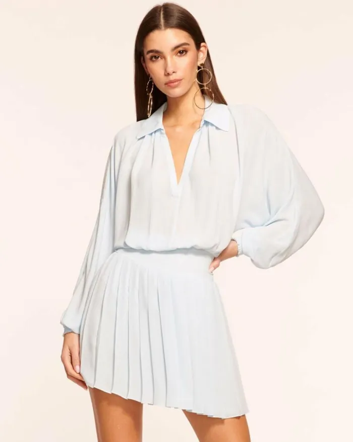 Ramy Brook Dresses Women Marina Long Sleeve Pleated Mini Dress Crystal Blue