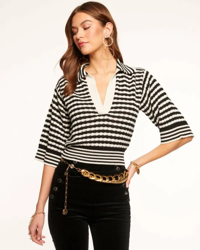 Ramy Brook Tops Women Azaria VNeck Sweater Black Stripe