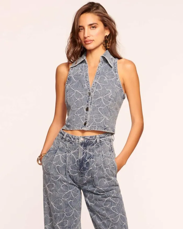 Ramy Brook Tops Women Deacon Embroidered Denim Vest Indigo Floral