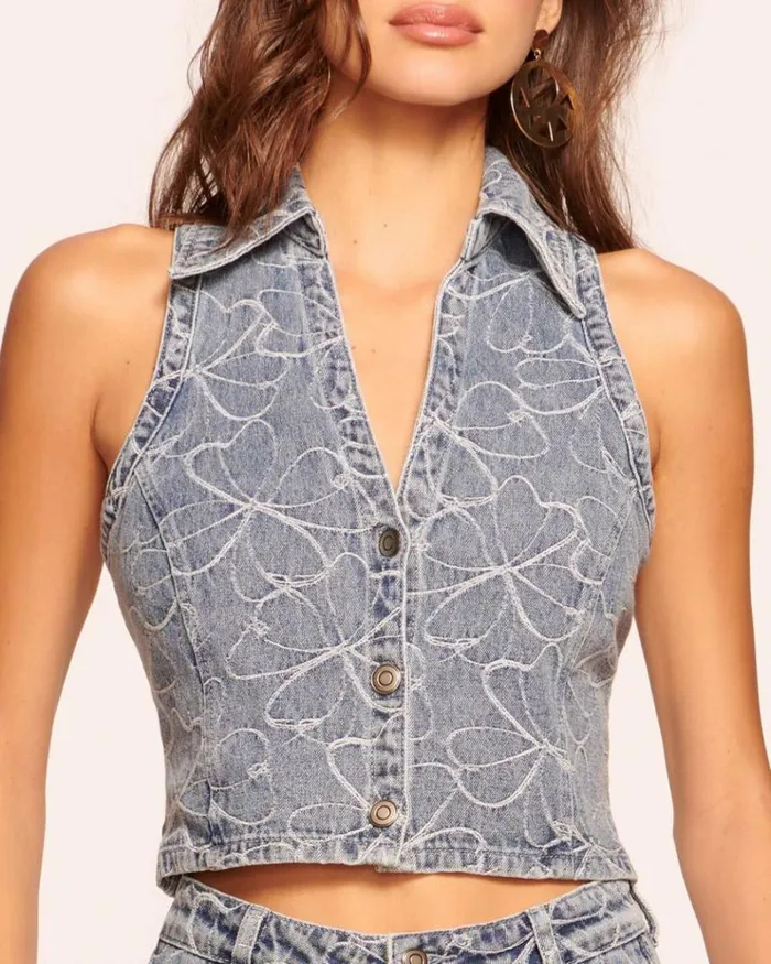 Ramy Brook Tops Women Deacon Embroidered Denim Vest Indigo Floral