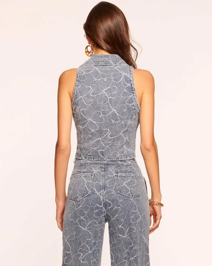 Ramy Brook Tops Women Deacon Embroidered Denim Vest Indigo Floral