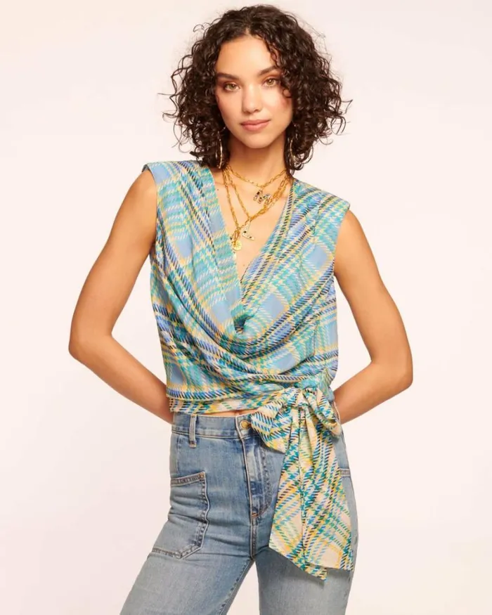Ramy Brook Tops Women Ivory Cowl Neck Tank Top Blue Plaid