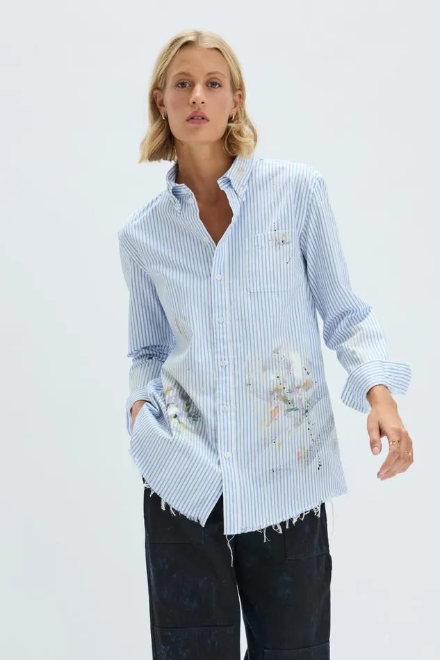 Raquel Allegra Blue Stripe Painter Shirt Women Jackets