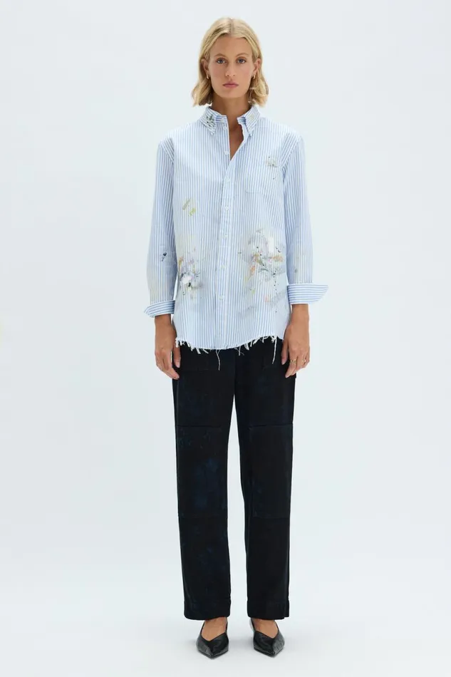 Raquel Allegra Blue Stripe Painter Shirt Women Jackets