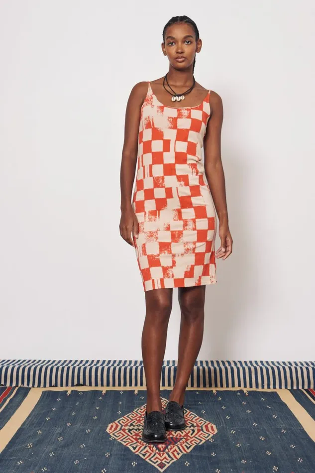 Raquel Allegra Check Camel And Tomato Dakar Tank Dress Women Dresses