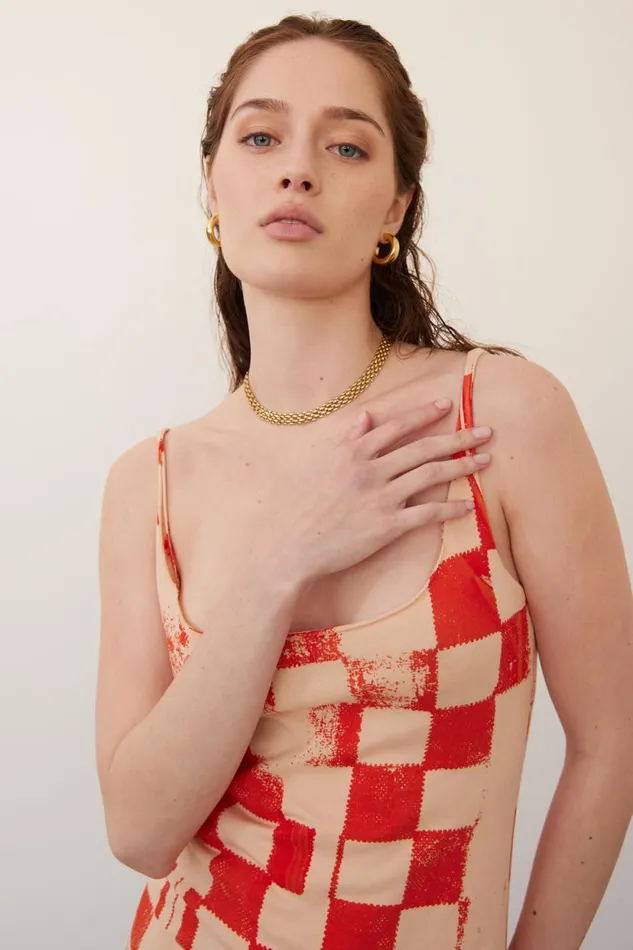 Raquel Allegra Check Camel And Tomato Dakar Tank Dress Women Dresses