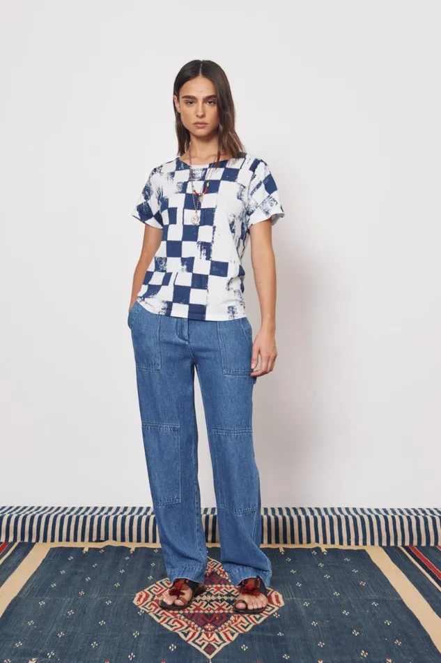 Raquel Allegra Check Ice Blue And Midnight Kibo Tee Women Tops