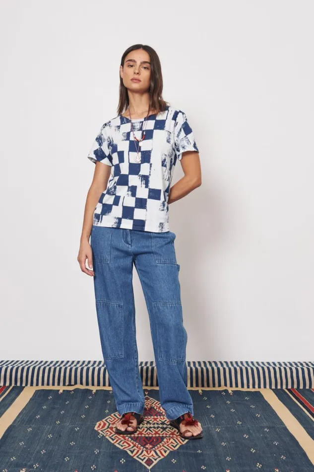 Raquel Allegra Check Ice Blue And Midnight Kibo Tee Women Tops