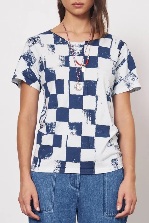 Raquel Allegra Check Ice Blue And Midnight Kibo Tee Women Tops