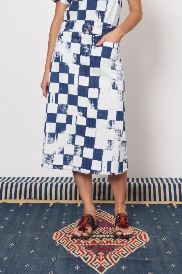 Raquel Allegra Check Tencel Twill Ice Blue And Midnight Durban Midi Skirt Women Bottoms