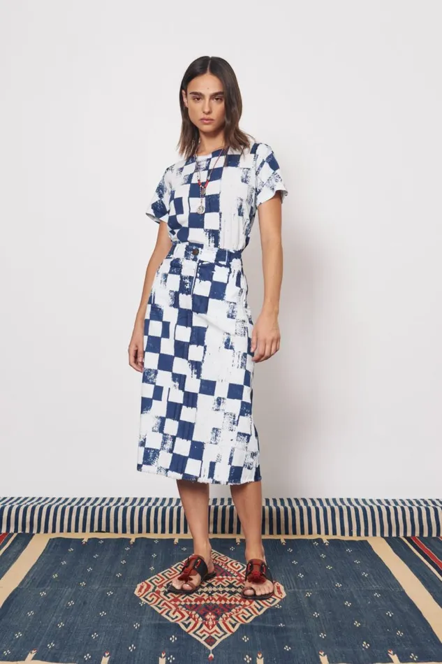 Raquel Allegra Check Tencel Twill Ice Blue And Midnight Durban Midi Skirt Women Bottoms