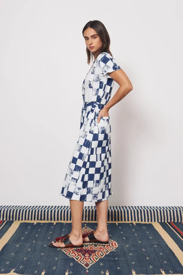 Raquel Allegra Check Tencel Twill Ice Blue And Midnight Durban Midi Skirt Women Bottoms