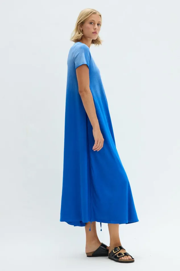 Raquel Allegra Faded Lapis Short Sleeve Drama Maxi Women Dresses