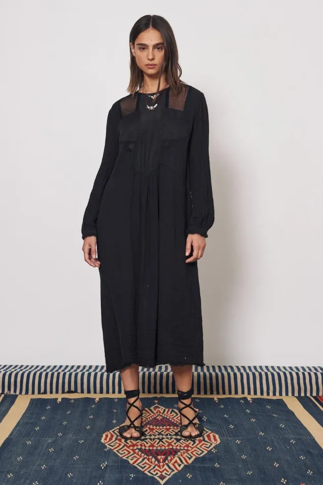 Raquel Allegra Gauze and Cotton Sateen Faded Black Malia Midi Dress Women Dresses