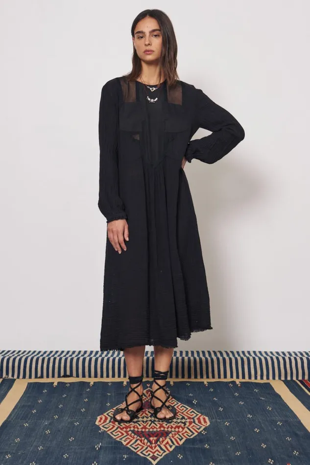 Raquel Allegra Gauze and Cotton Sateen Faded Black Malia Midi Dress Women Dresses