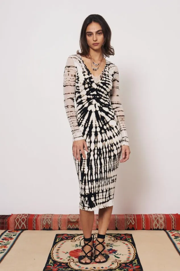 Raquel Allegra Mesh Black And Dirty White Long Sleeve Poppy Midi Dress Women Dresses