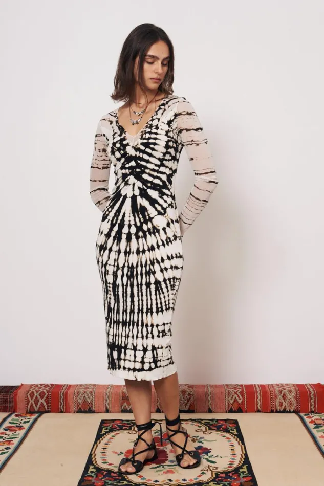Raquel Allegra Mesh Black And Dirty White Long Sleeve Poppy Midi Dress Women Dresses