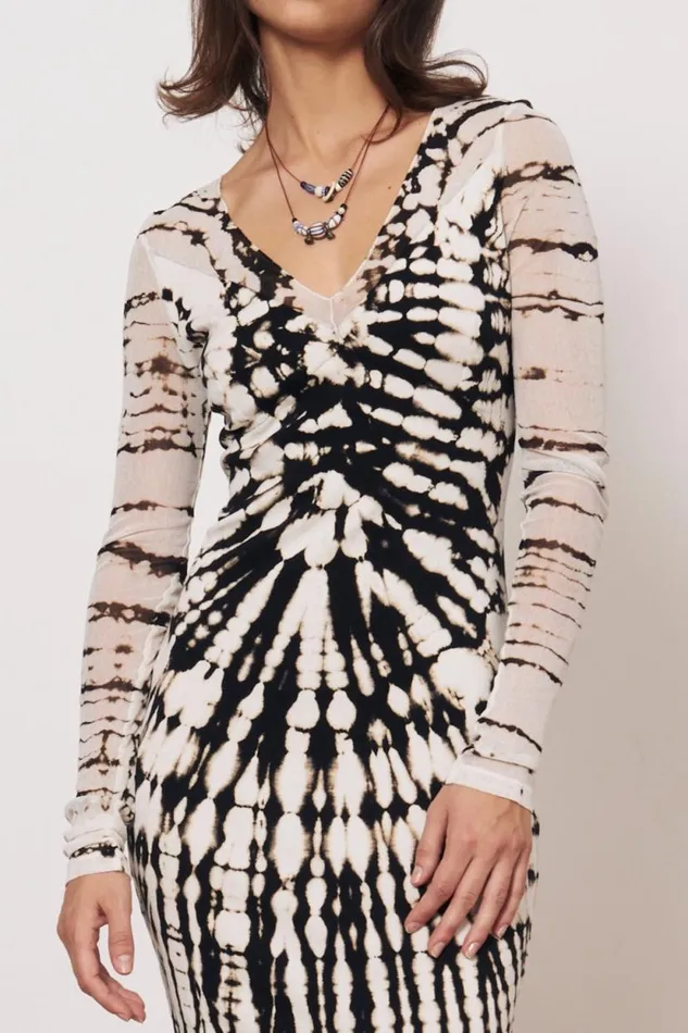 Raquel Allegra Mesh Black And Dirty White Long Sleeve Poppy Midi Dress Women Dresses
