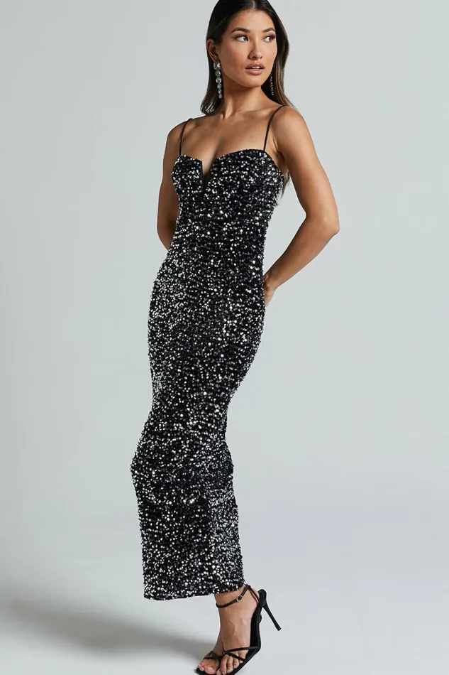 Rayner Midi Dress 8211 V Bar Sequin Bodycon Dress In Black And Silver Women Showpo Dresses