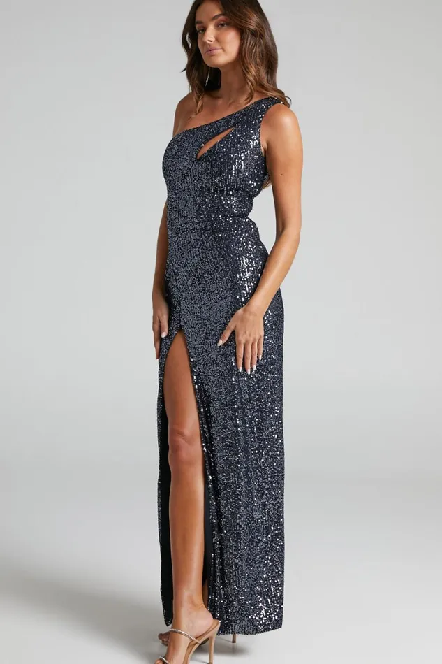 Rehyn Midi Dress 8211 One Shoulder Asymmetric Cut Out Sequin Dress In Black Women Showpo Curve Clothes
