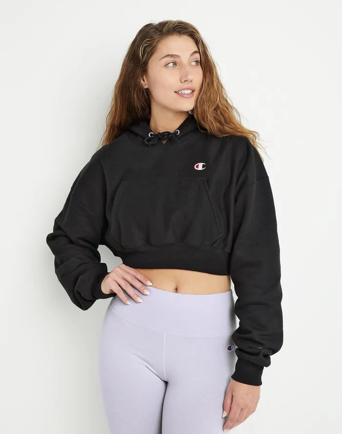 Reverse Weave Cropped Hoodie C Logo Black Women Champion Hoodies and Sweatshirts