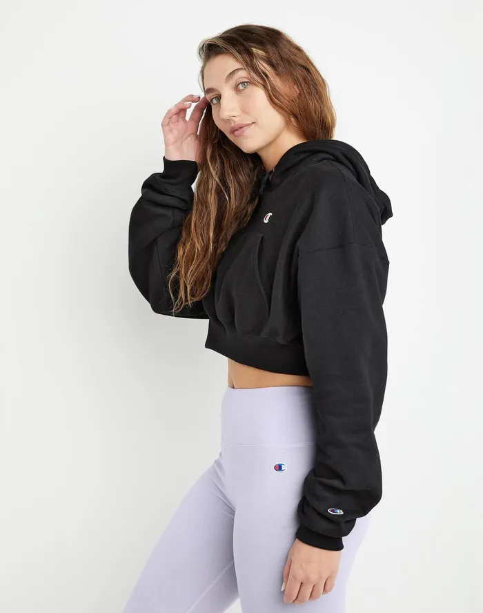 Reverse Weave Cropped Hoodie C Logo Black Women Champion Hoodies and Sweatshirts