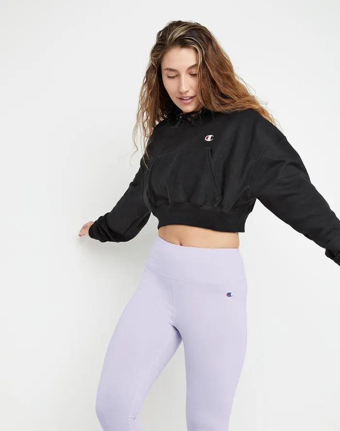 Reverse Weave Cropped Hoodie C Logo Black Women Champion Hoodies and Sweatshirts