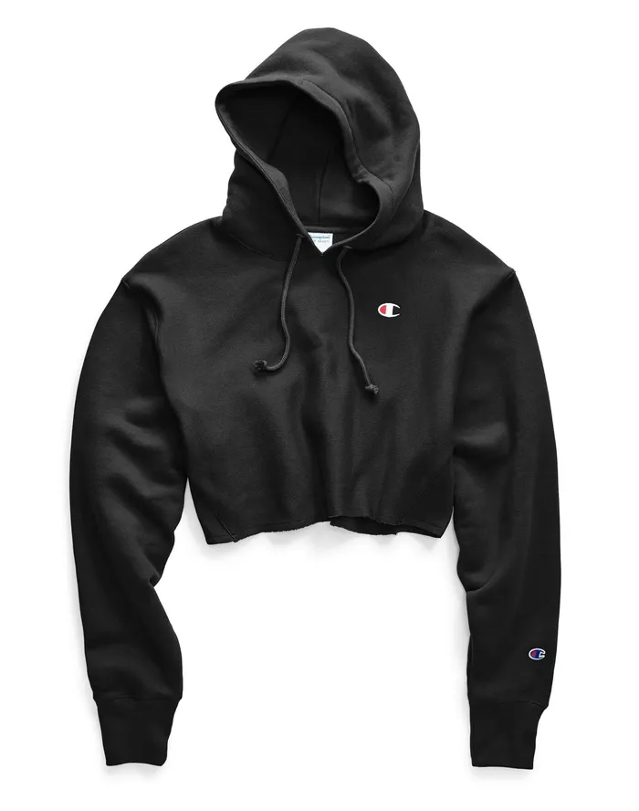 Reverse Weave CutOff Cropped Hoodie C Logo Black Women Champion Hoodies and Sweatshirts