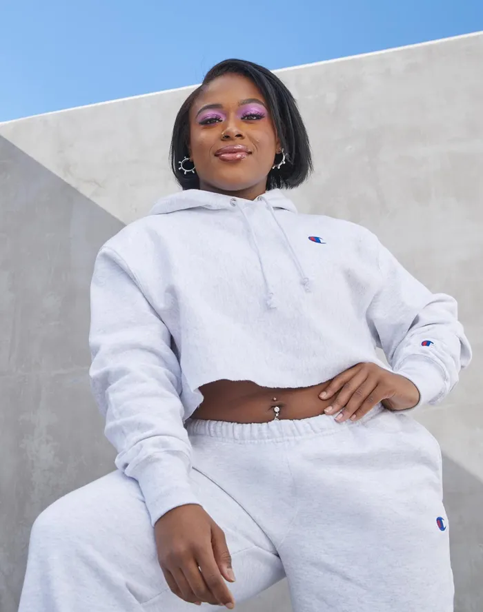 Reverse Weave CutOff Cropped Hoodie C Logo Black Women Champion Hoodies and Sweatshirts