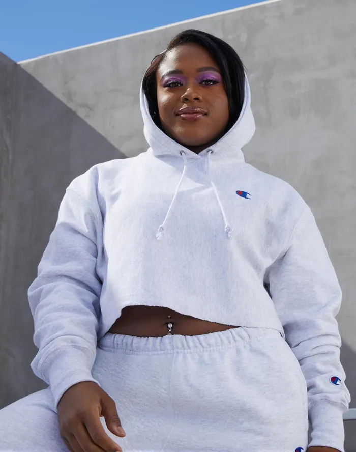 Reverse Weave CutOff Cropped Hoodie C Logo Black Women Champion Hoodies and Sweatshirts