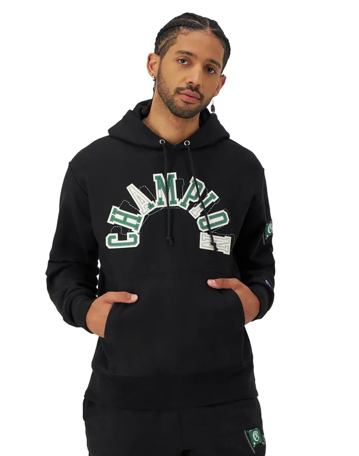 Reverse Weave Hoodie Arch Logo Black Men Champion Hoodies and Sweatshirts