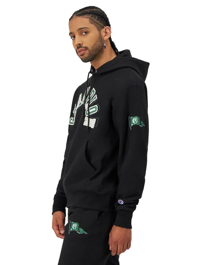 Reverse Weave Hoodie Arch Logo Black Men Champion Hoodies and Sweatshirts