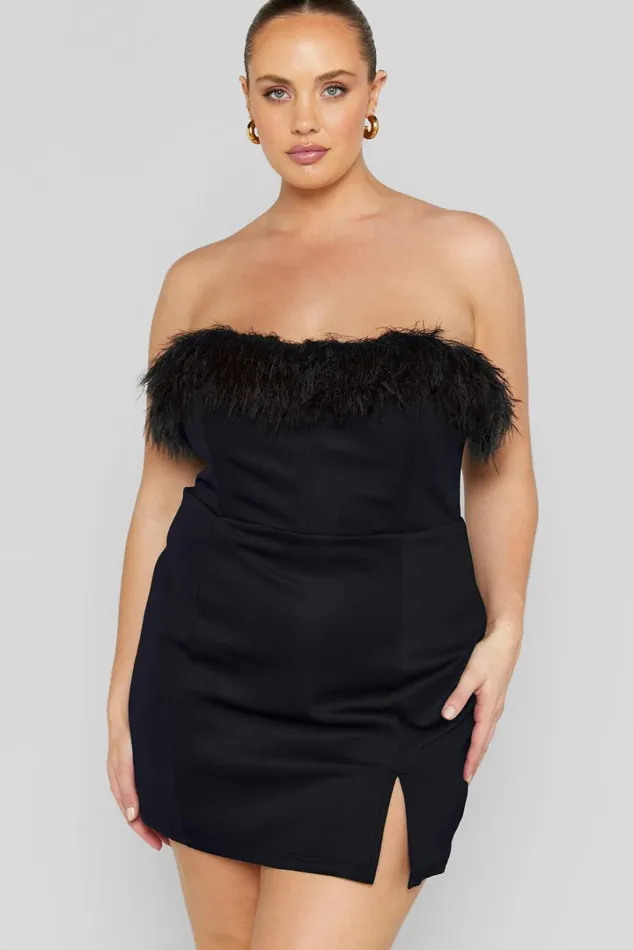 Rhaiza Mini Dress 8211 Faux Feather Trim Strapless Dress In Black Women Showpo Curve Clothes