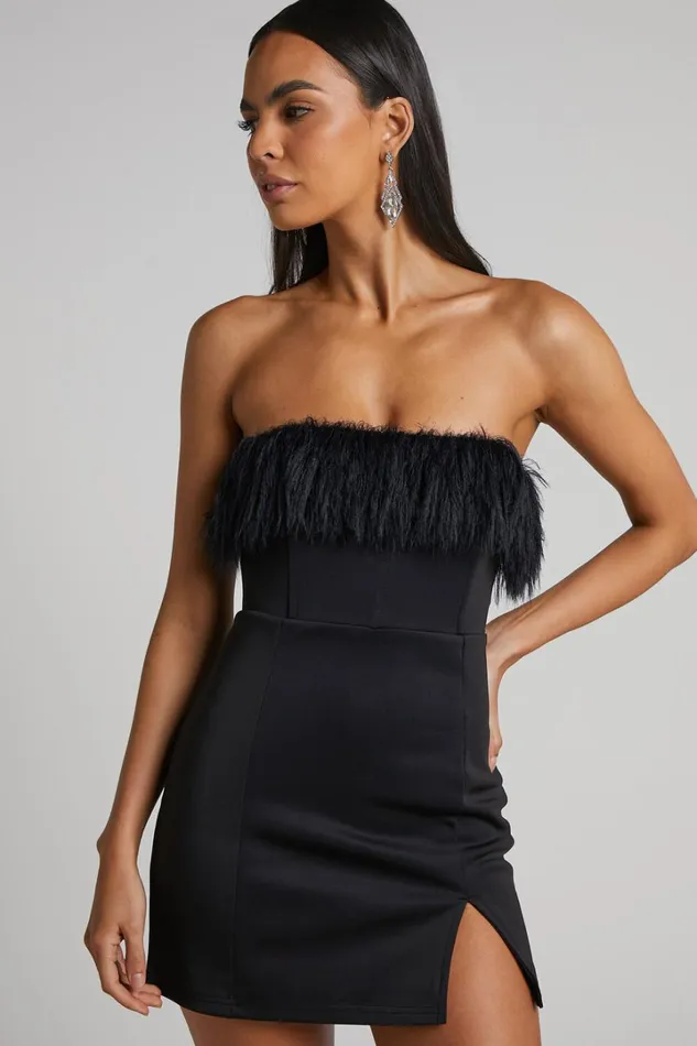 Rhaiza Mini Dress 8211 Faux Feather Trim Strapless Dress In Black Women Showpo Curve Clothes