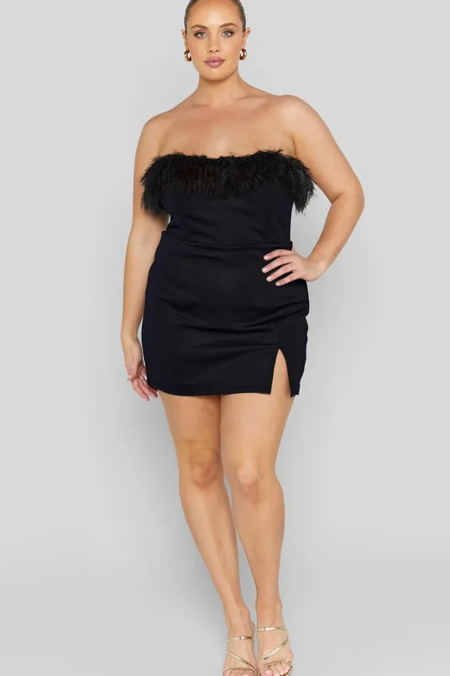 Rhaiza Mini Dress 8211 Faux Feather Trim Strapless Dress In Black Women Showpo Curve Clothes
