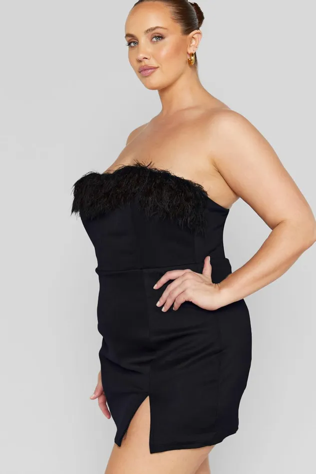 Rhaiza Mini Dress 8211 Faux Feather Trim Strapless Dress In Black Women Showpo Curve Clothes