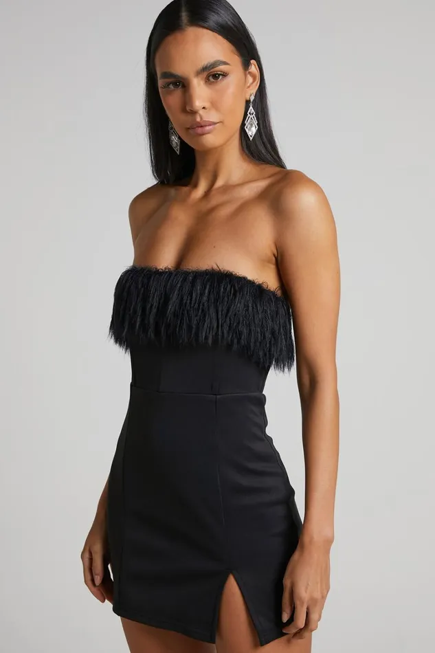 Rhaiza Mini Dress 8211 Faux Feather Trim Strapless Dress In Black Women Showpo Curve Clothes