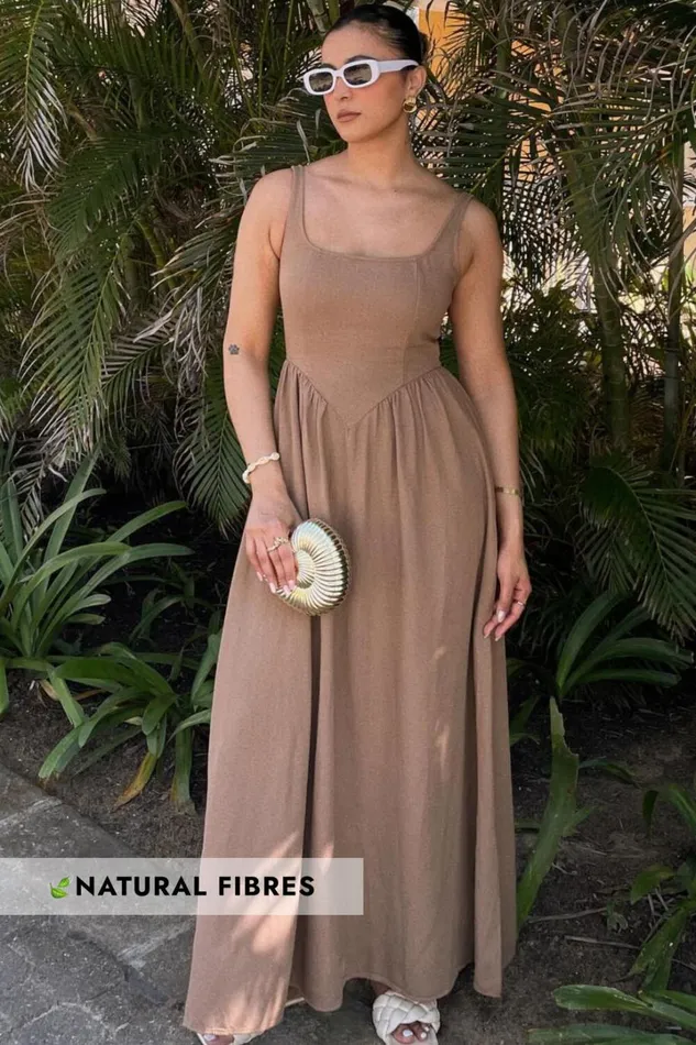 Rhaziya Midi Dress 8211 Sleeveless Straight Neck Fit And Flare Dress In Tobacco Women Showpo Conscious