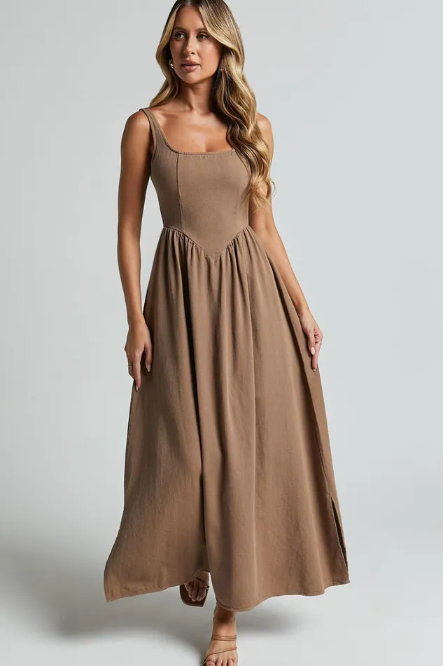 Rhaziya Midi Dress 8211 Sleeveless Straight Neck Fit And Flare Dress In Tobacco Women Showpo Conscious