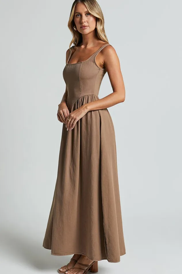 Rhaziya Midi Dress 8211 Sleeveless Straight Neck Fit And Flare Dress In Tobacco Women Showpo Conscious