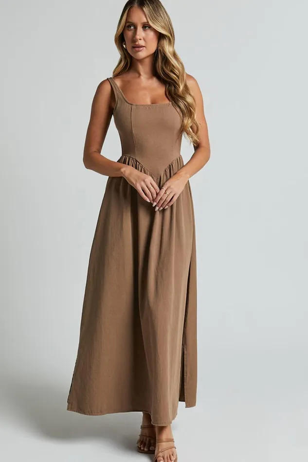 Rhaziya Midi Dress 8211 Sleeveless Straight Neck Fit And Flare Dress In Tobacco Women Showpo Conscious