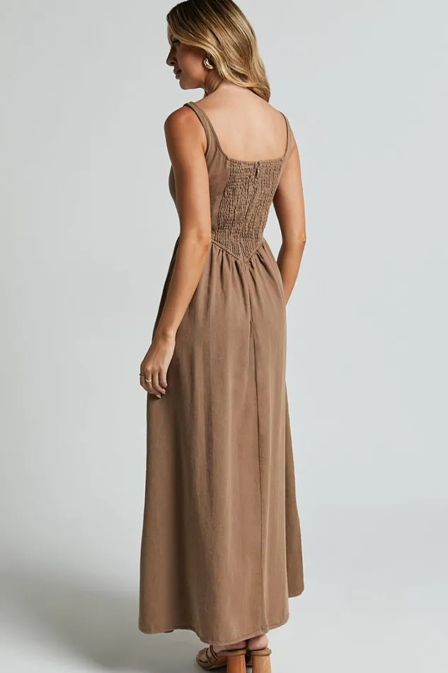 Rhaziya Midi Dress 8211 Sleeveless Straight Neck Fit And Flare Dress In Tobacco Women Showpo Conscious