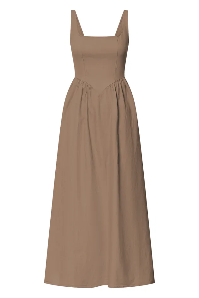 Rhaziya Midi Dress 8211 Sleeveless Straight Neck Fit And Flare Dress In Tobacco Women Showpo Conscious