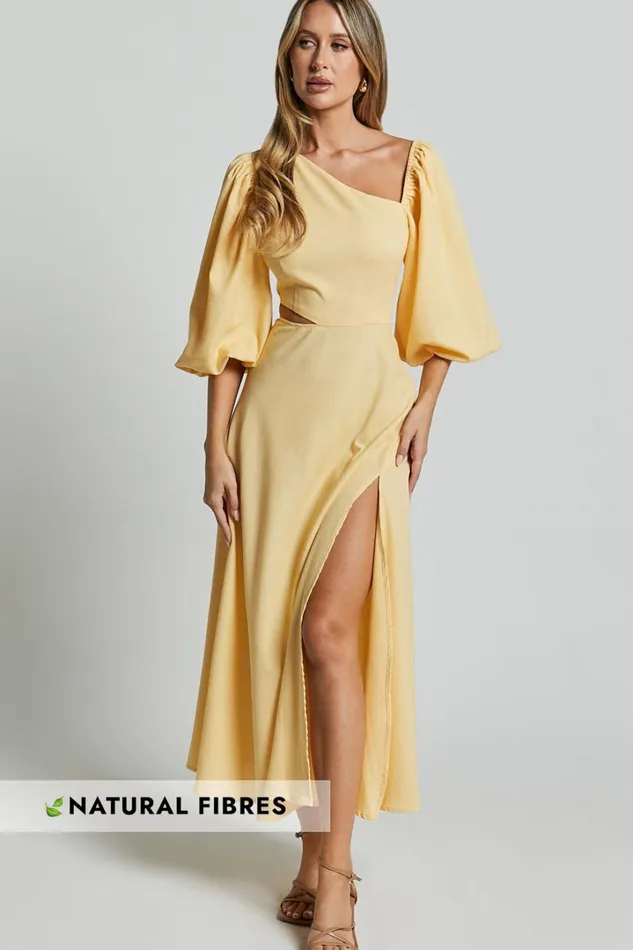 Rhyne Midi Dress 8211 Asymmetric Puff Sleeve Side Cut Out A Line Dress In Lemon Women Showpo Conscious